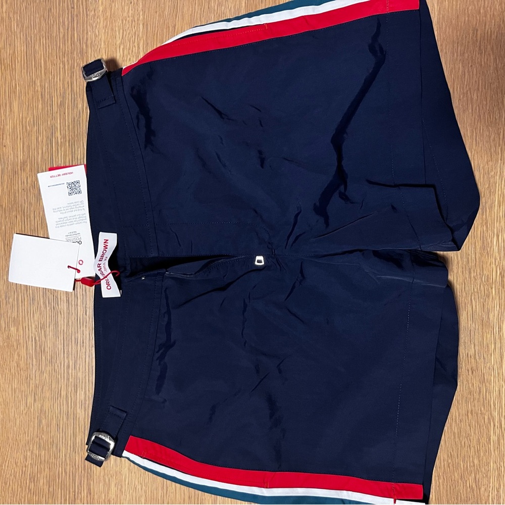 Navy Swim Shorts with Red and White Stripes